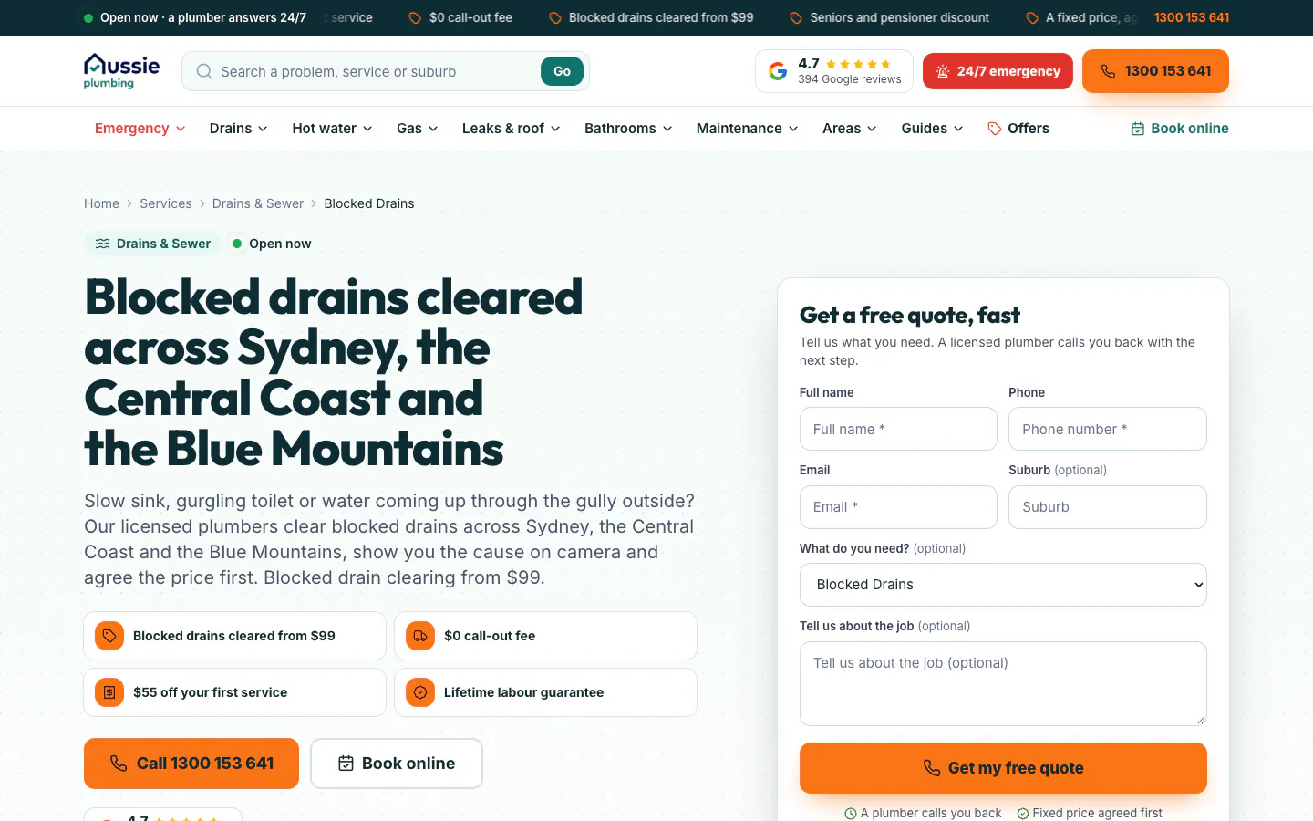 Aussie Plumbing blocked drains page with the service selected in its quote form