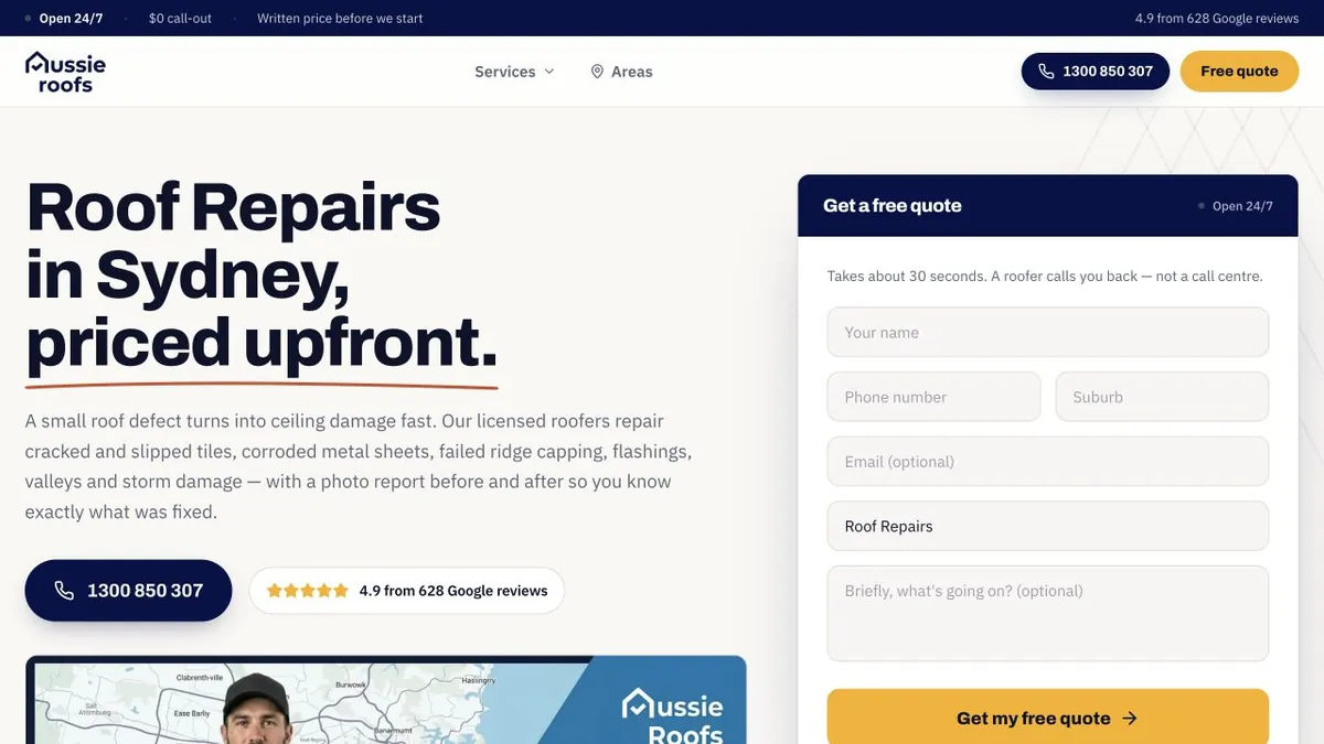 Aussie Roofs repair page with Roof Repairs selected in the enquiry form