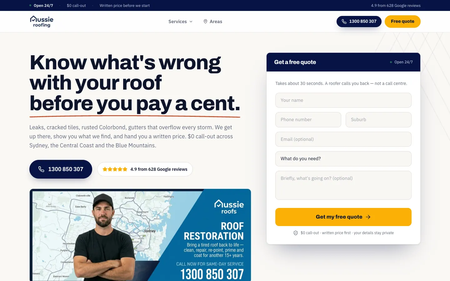 Aussie Roofing home page with the headline, a call button and a quote form