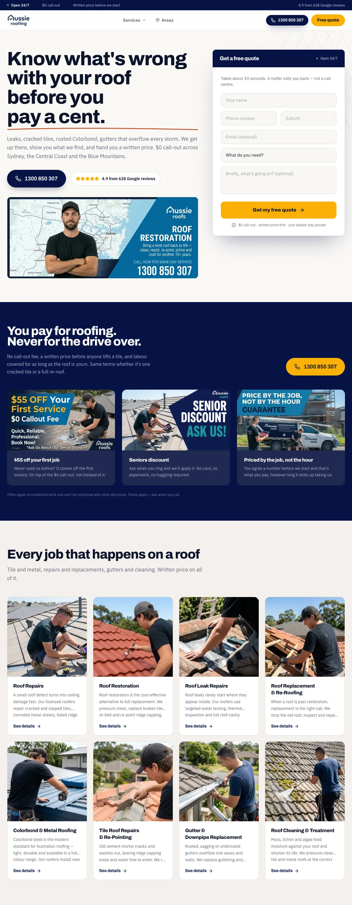 The Aussie Roofing home page, from the headline through the terms and the eight services