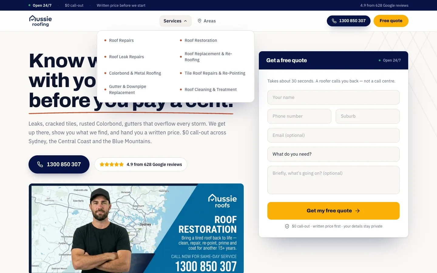 Aussie Roofing Services menu listing eight roofing services
