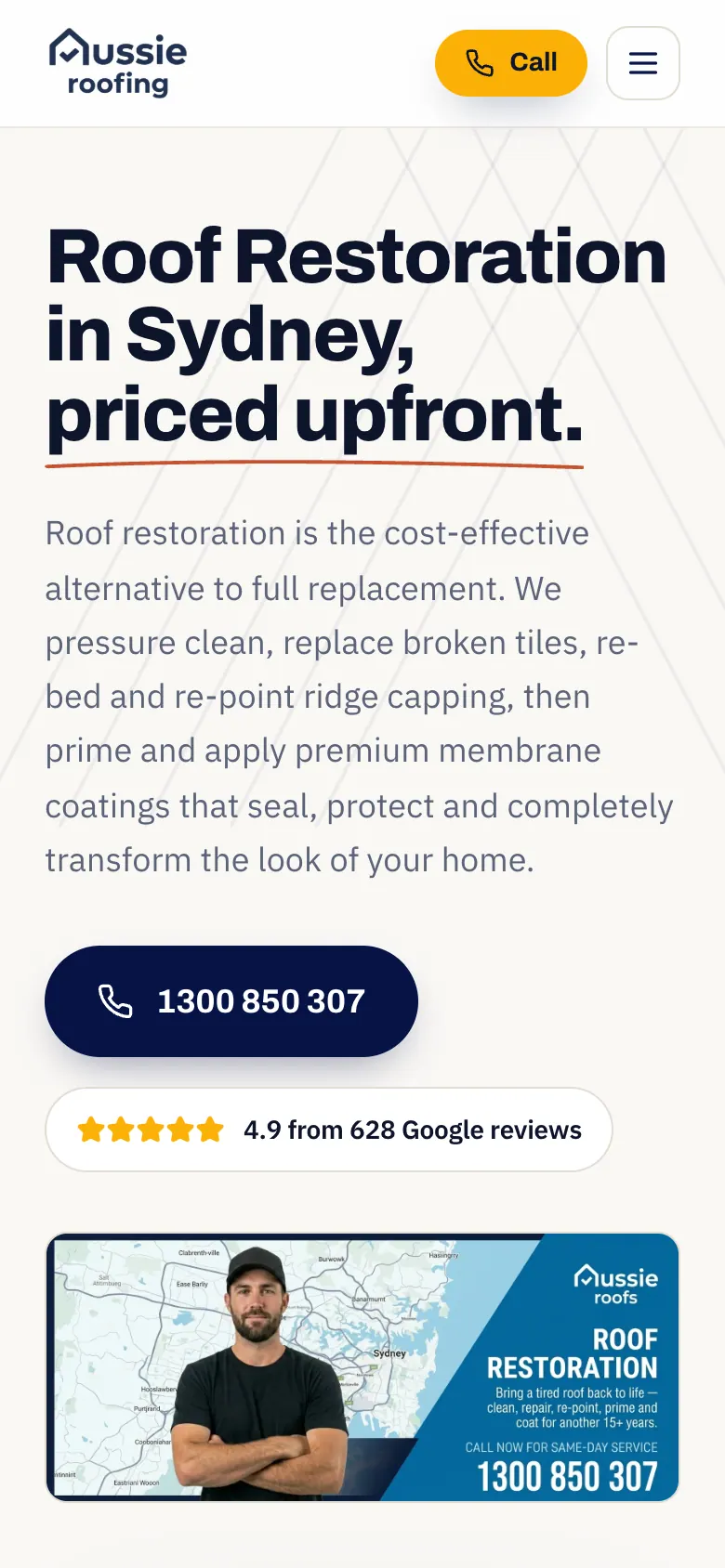 Roof restoration page on a phone with a Call button in the header