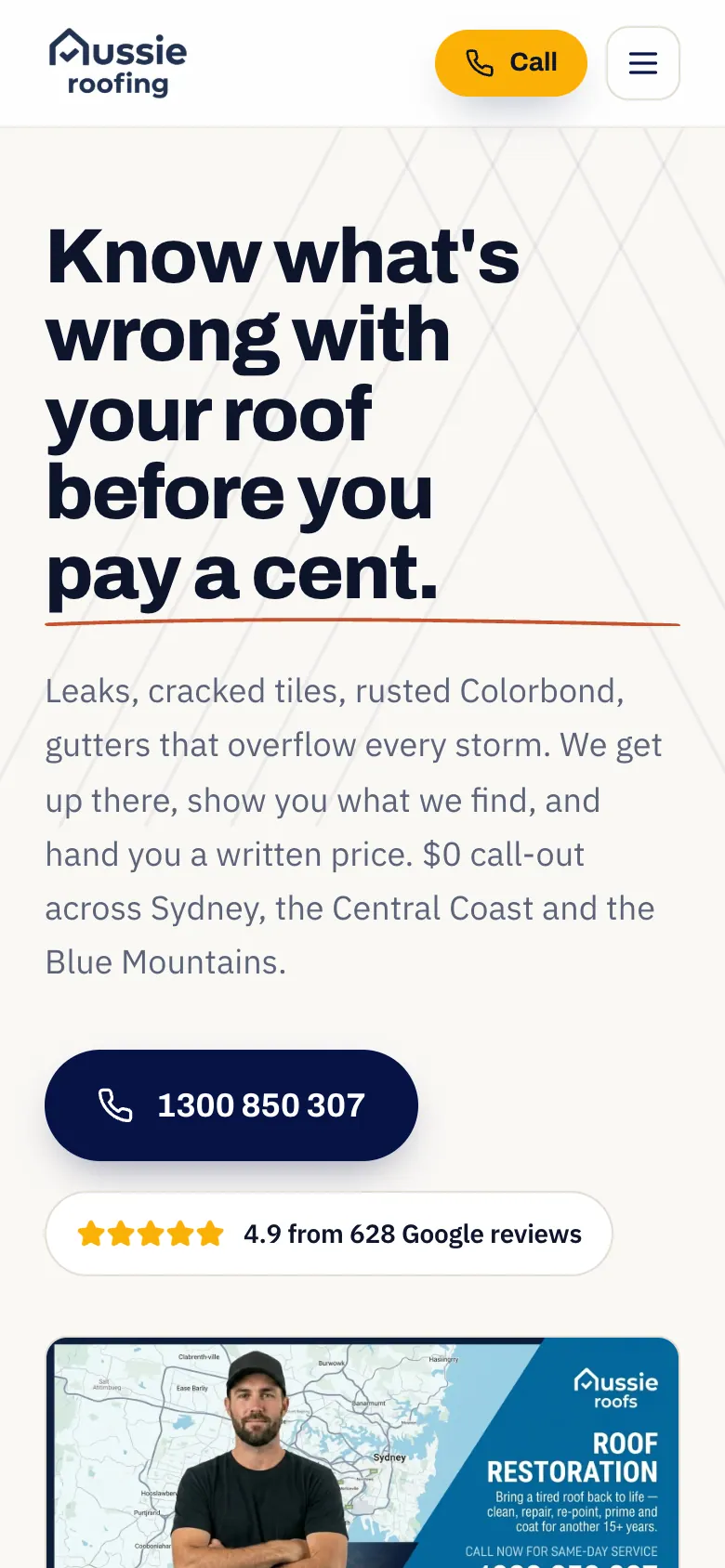 Aussie Roofing home page on a phone with a Call button in the header