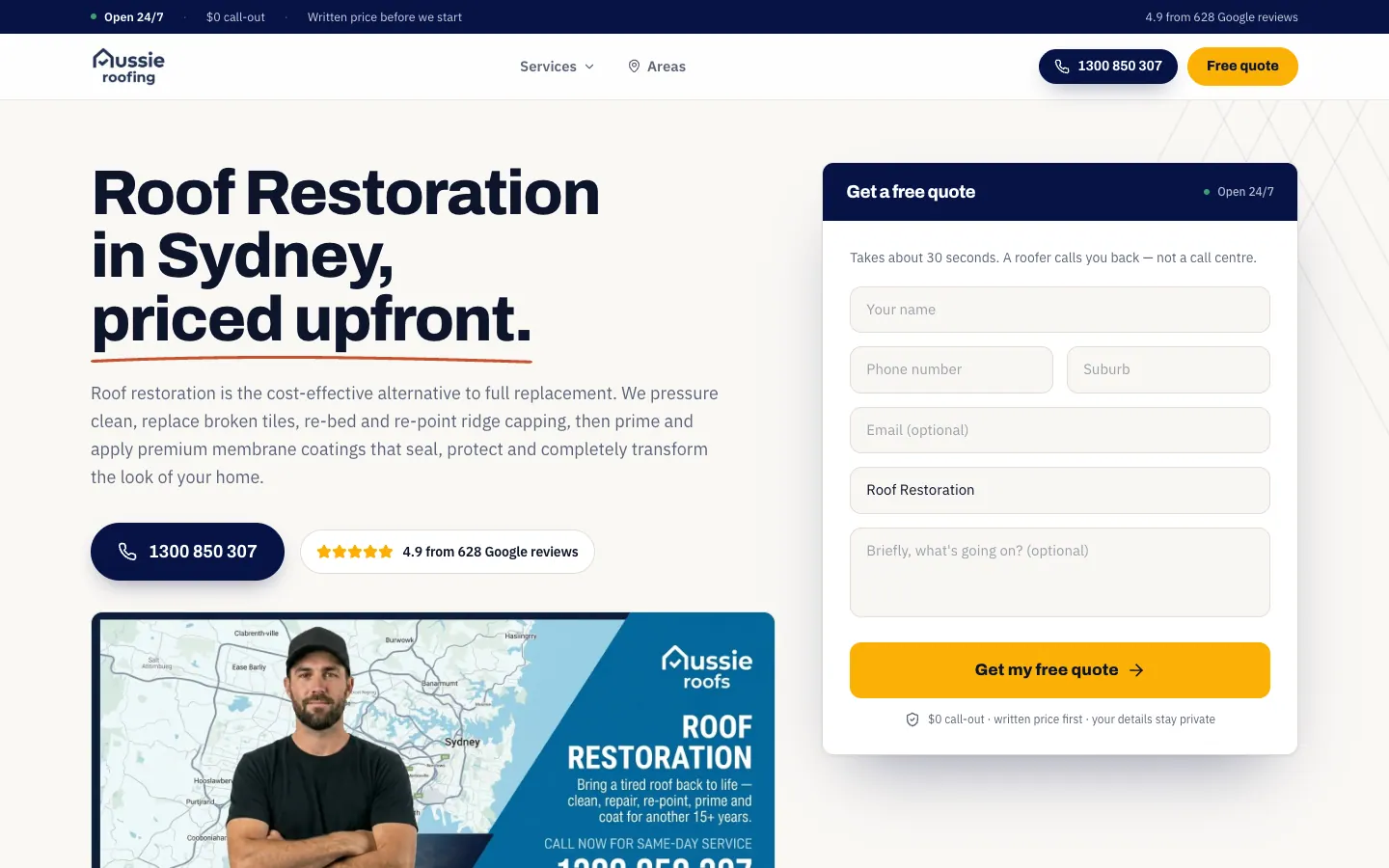 Aussie Roofing roof restoration page with its main features numbered