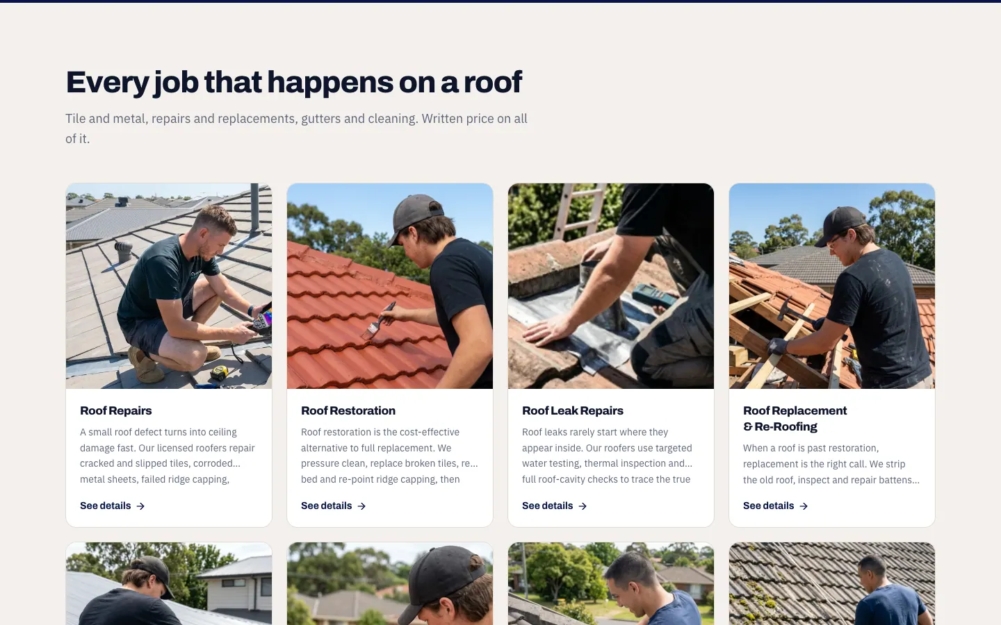 Aussie Roofing website with separate pages for repairs, restoration, leaks and replacement