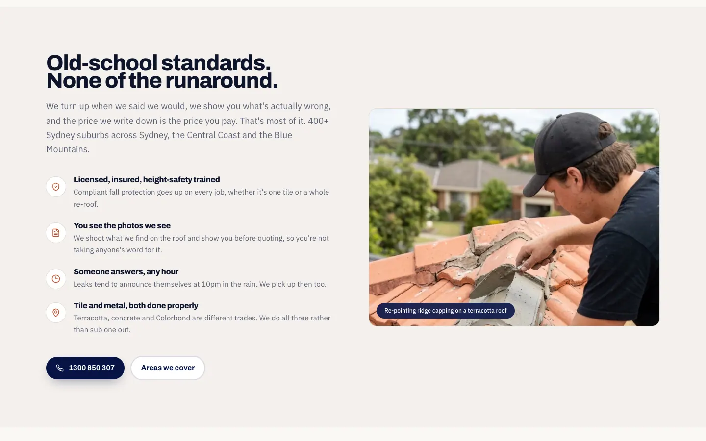 Section on licences, photos of every defect, after-hours calls and tile and metal work, beside a roofer re-pointing ridge capping