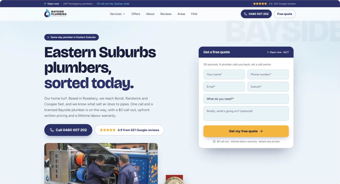 Bayside Plumbing Eastern Suburbs page with local service information and a quote form