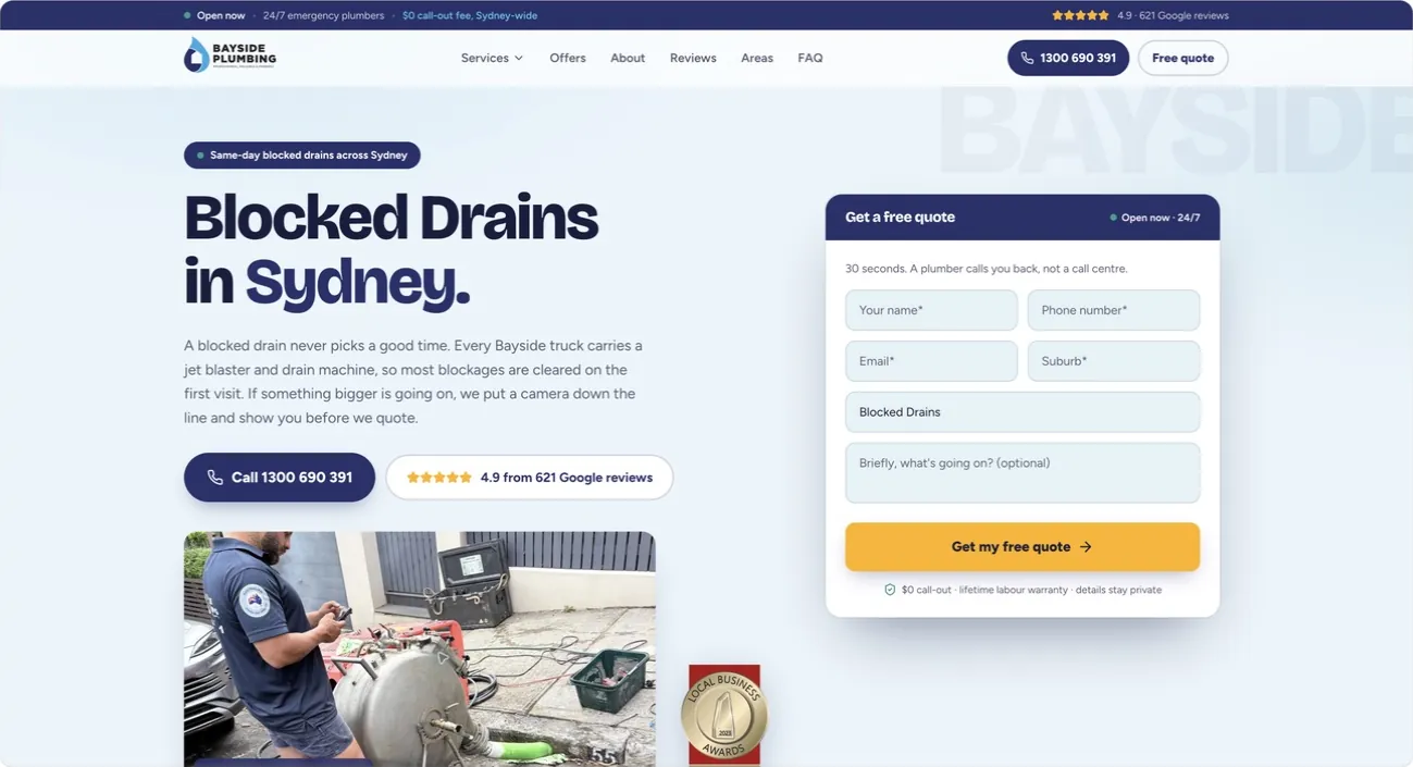 Bayside Plumbing website — blocked-drains page