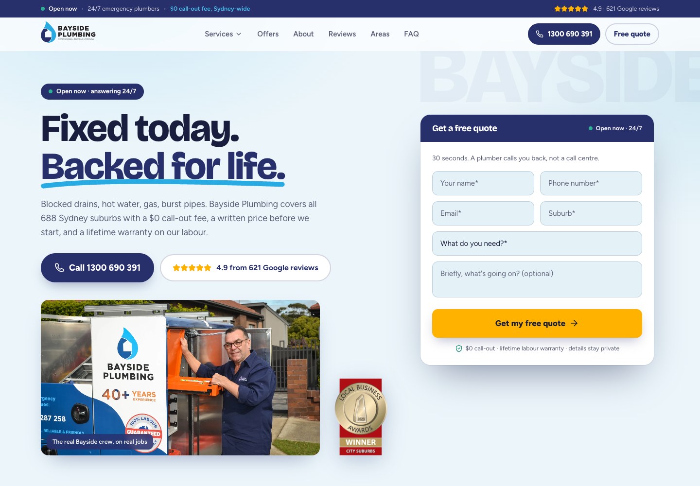 Bayside Plumbing website design: a premium plumbing website built for the first call