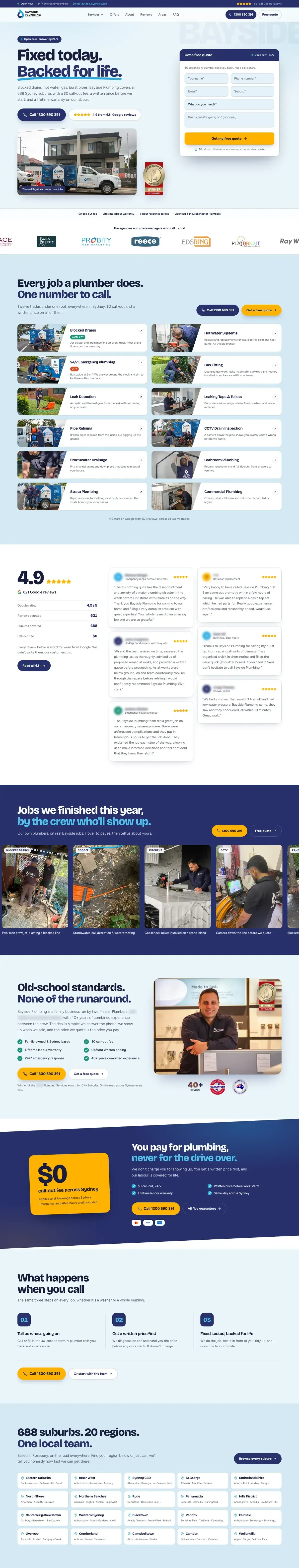 The Bayside Plumbing home page, from the headline to the twenty regions, with reviewer names blurred