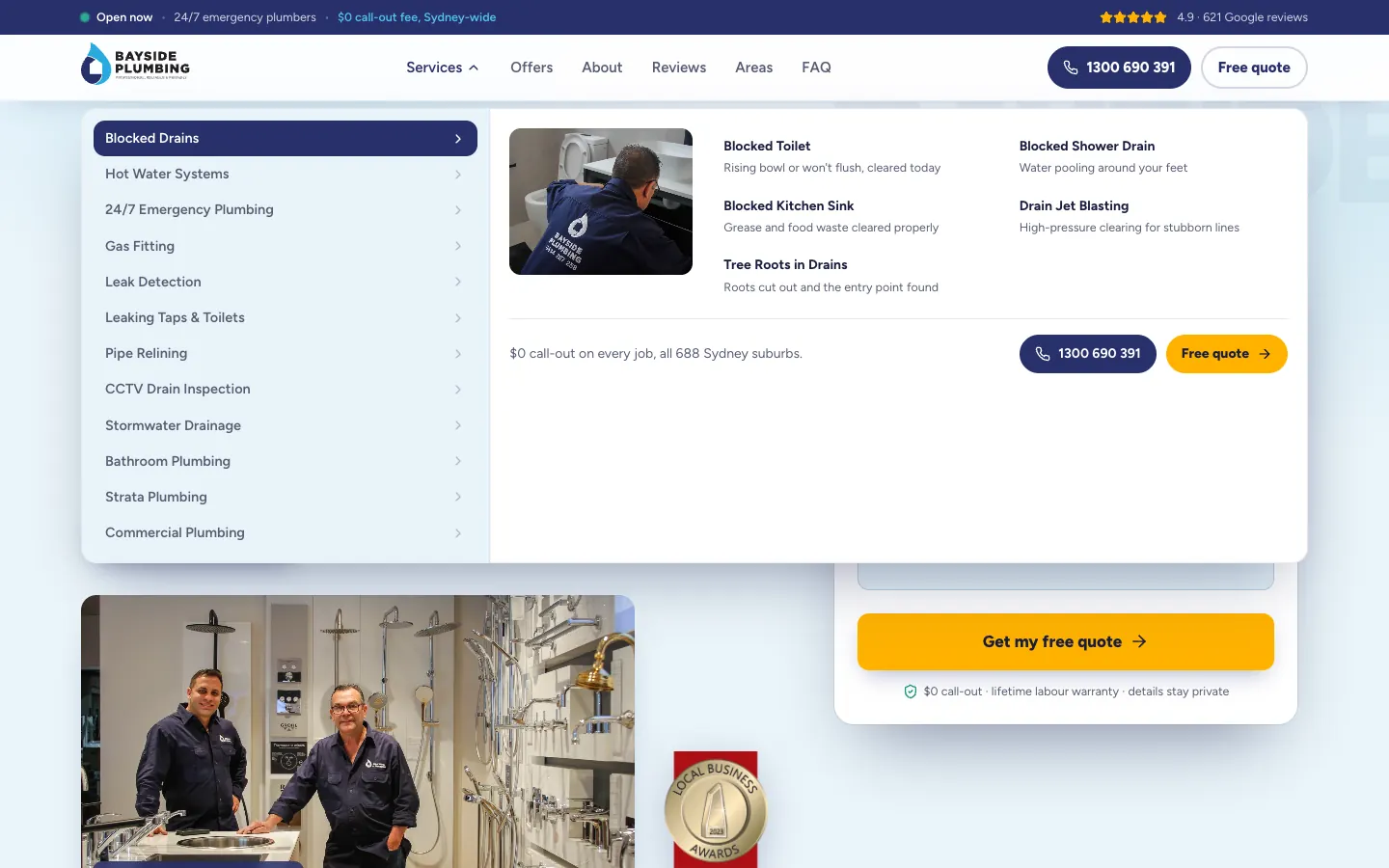 Bayside Plumbing Services menu with its main features numbered