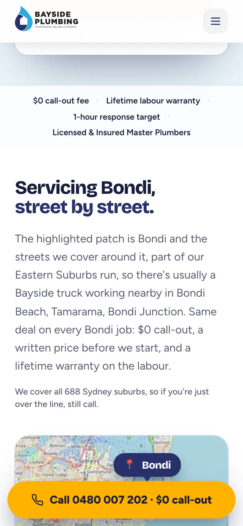Bayside Plumbing Bondi page on a phone with a call bar fixed to the bottom of the screen