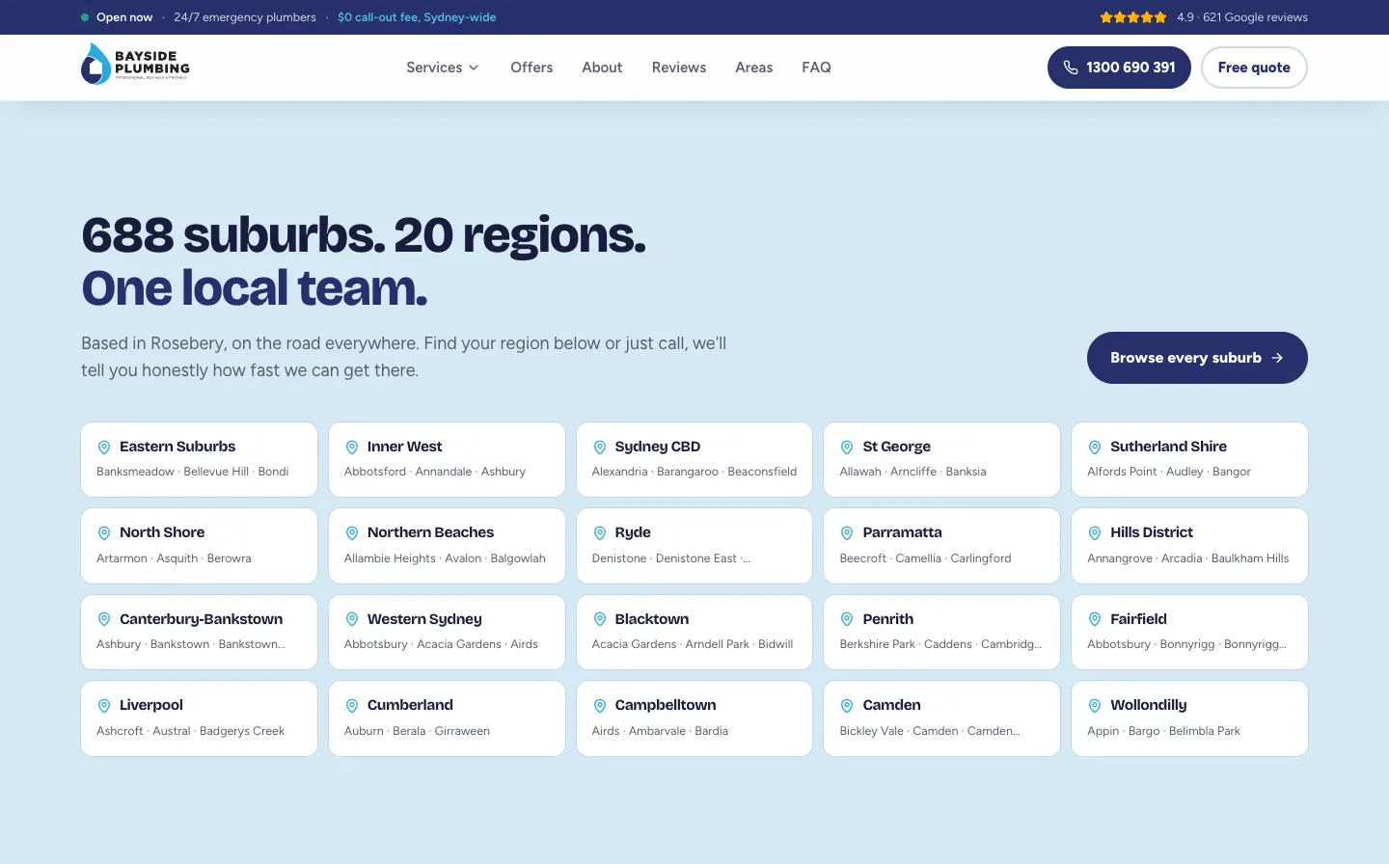 Bayside Plumbing home page section listing 20 Sydney regions with sample suburbs