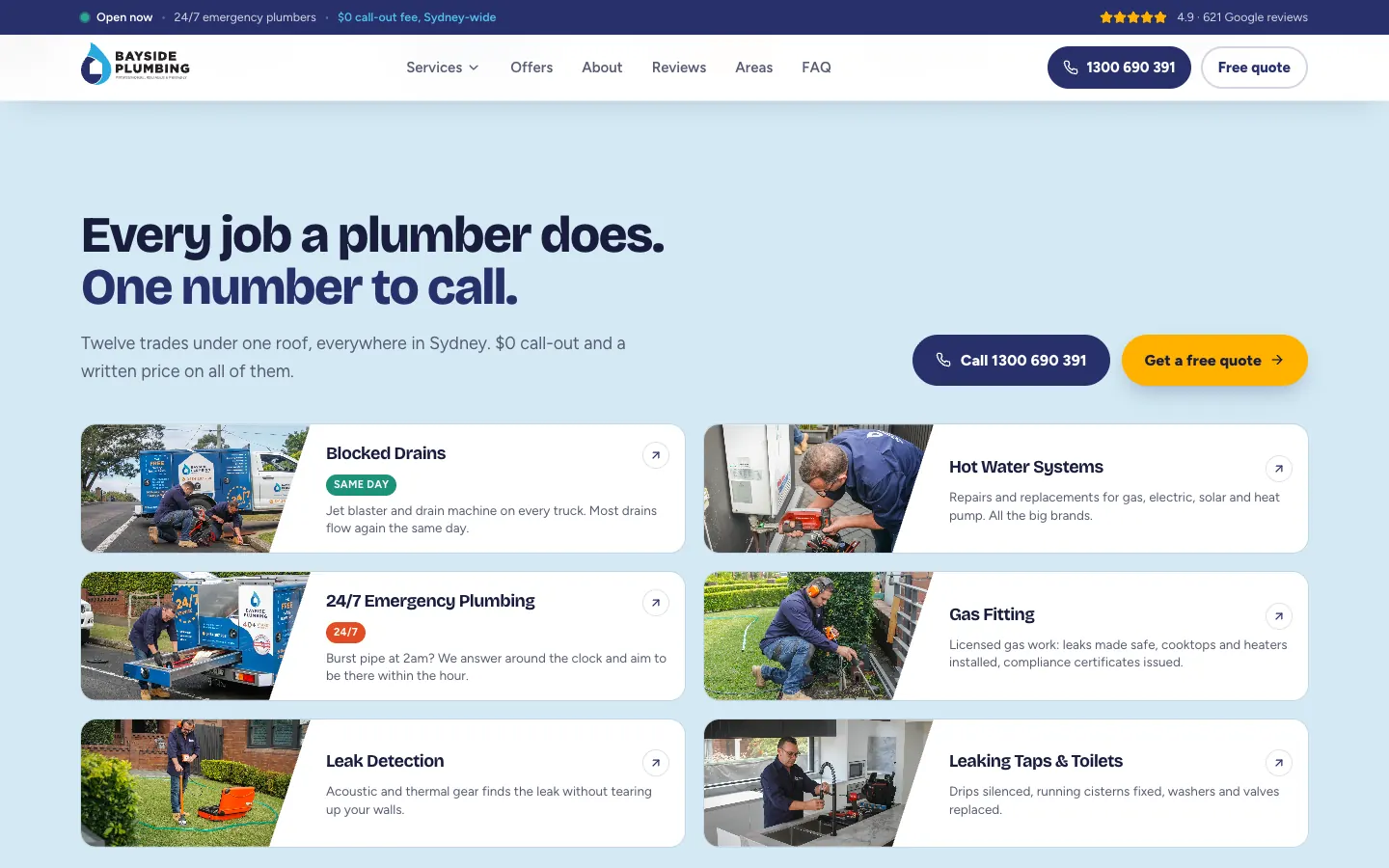 Bayside Plumbing home page section with its trades as photo cards
