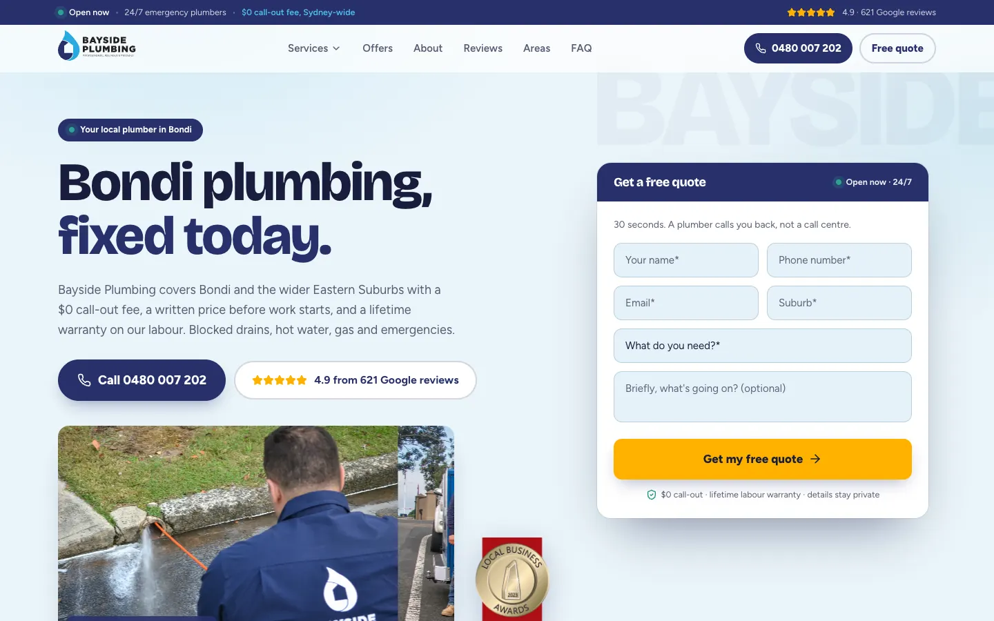 Bayside Plumbing Bondi suburb page with a local headline and a quote form