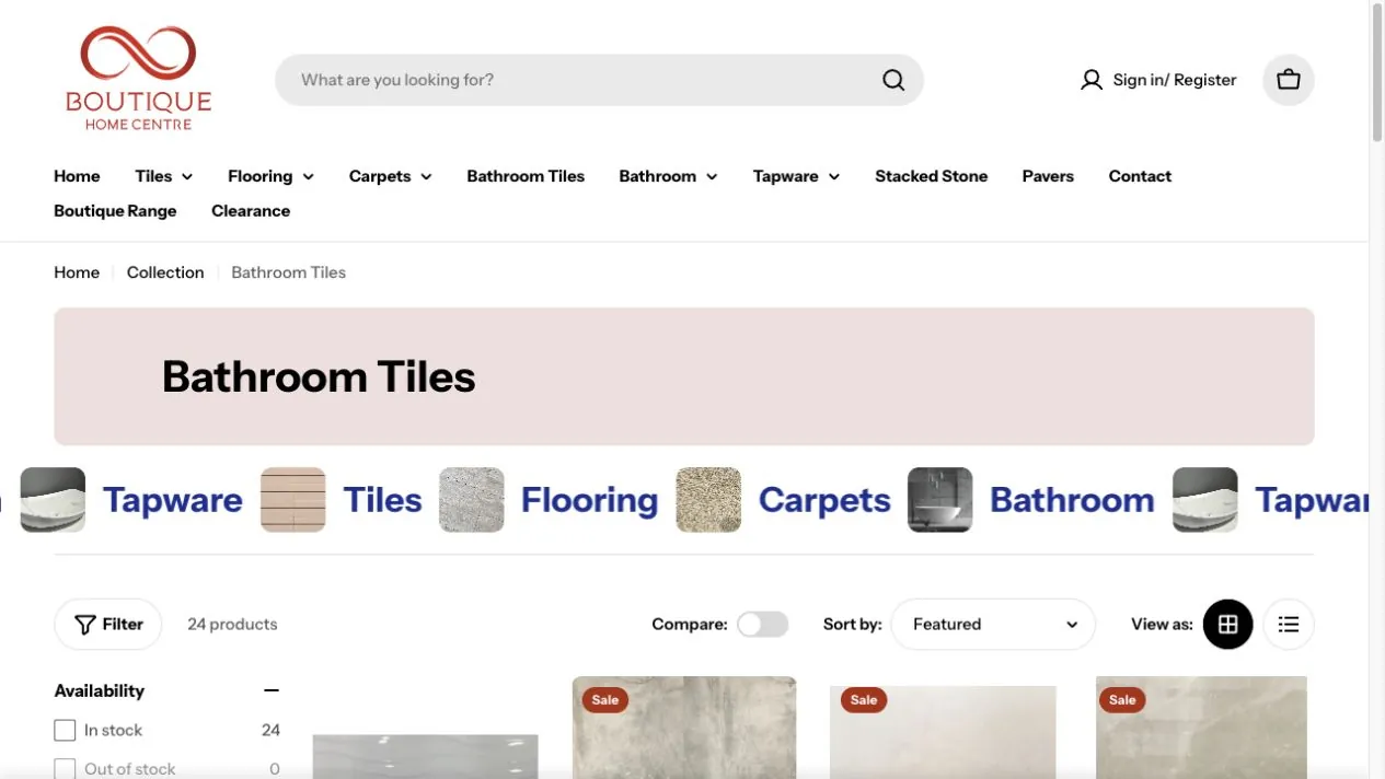 Boutique Home Centre bathroom tile collection with filters and sorting
