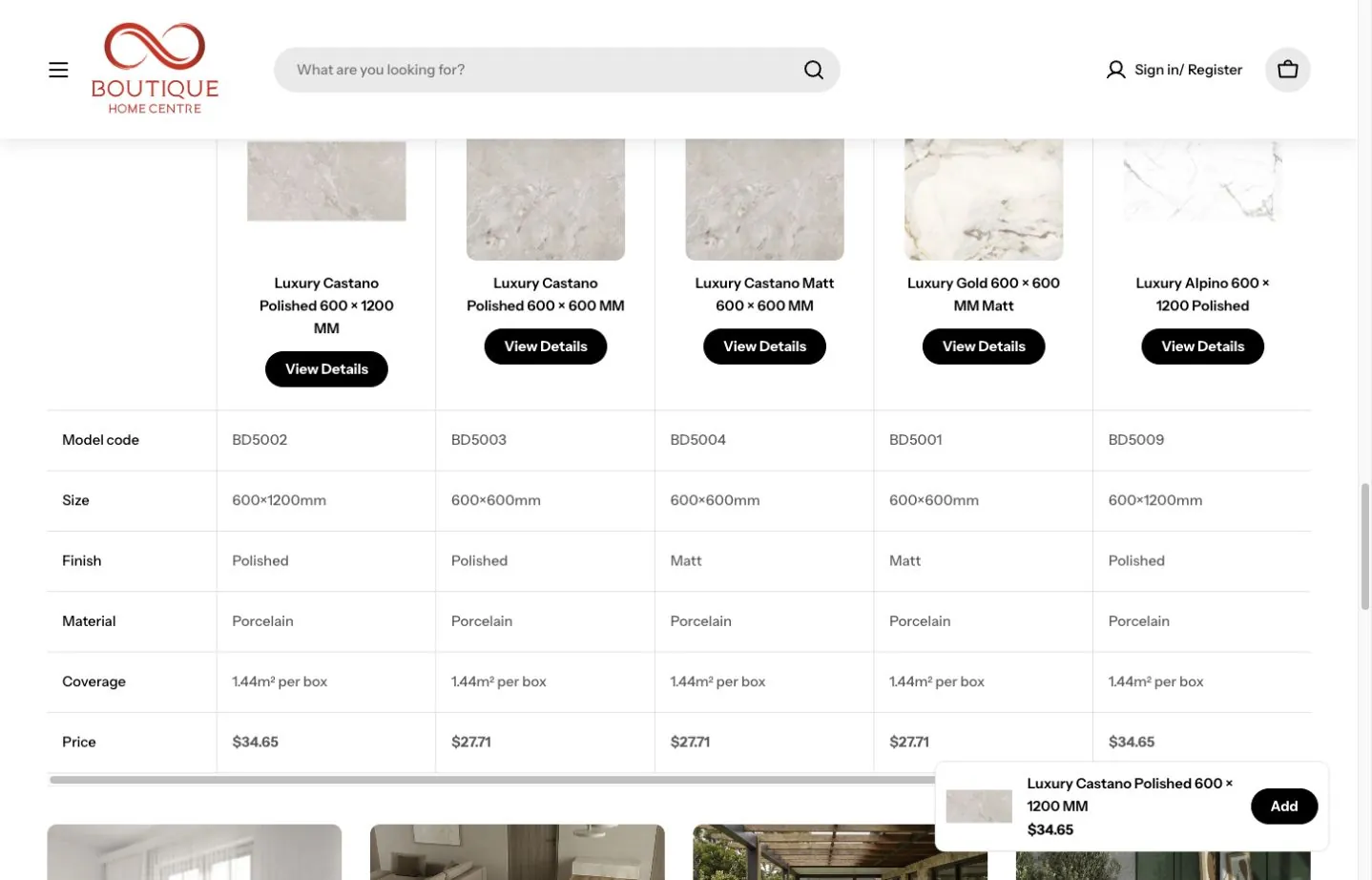 Tile product comparison table listing dimensions, finish, material and box coverage