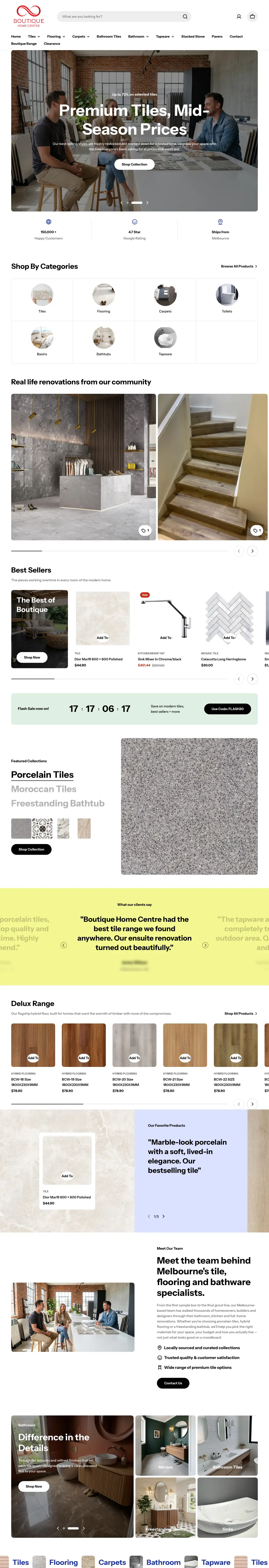 The Boutique Home Centre home page from the header and sale slides through categories, room photos, best sellers and collections