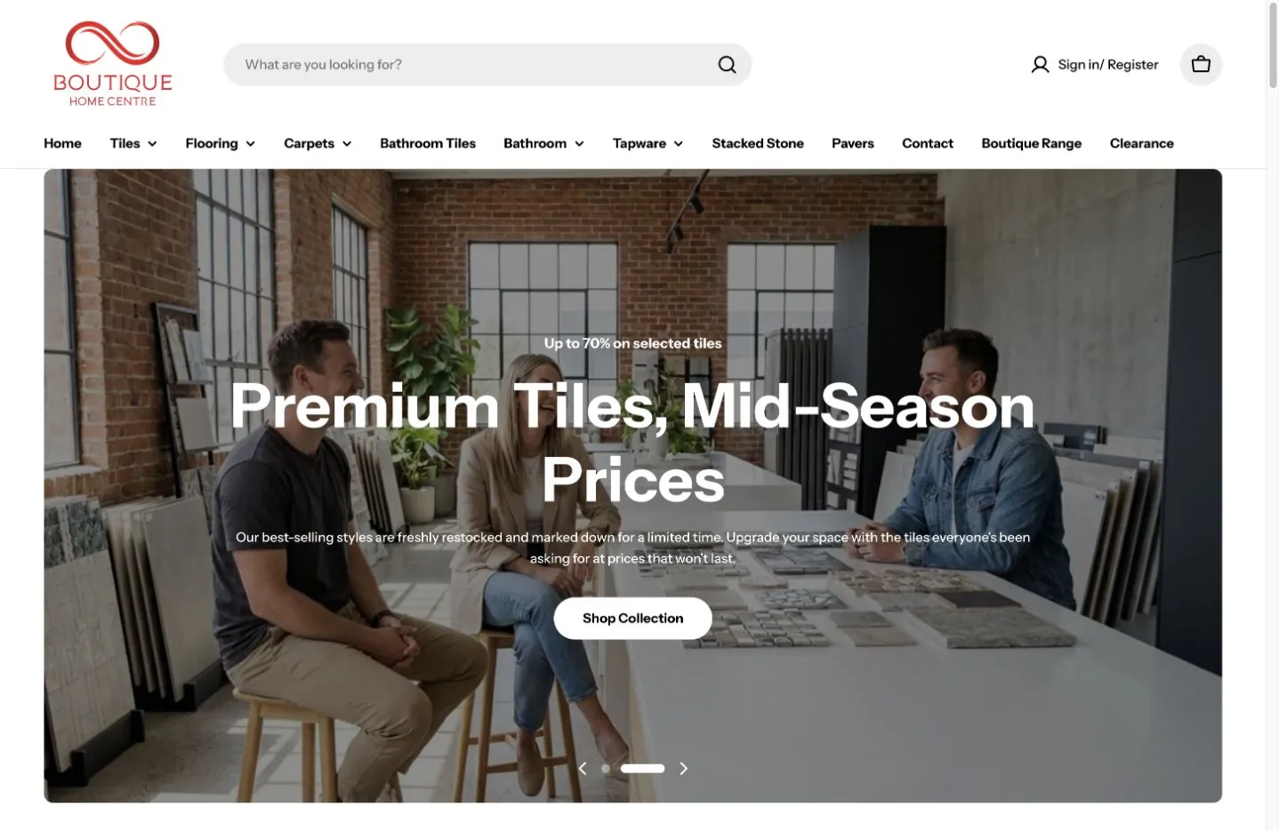 Boutique Home Centre Shopify homepage with tile promotion and product navigation