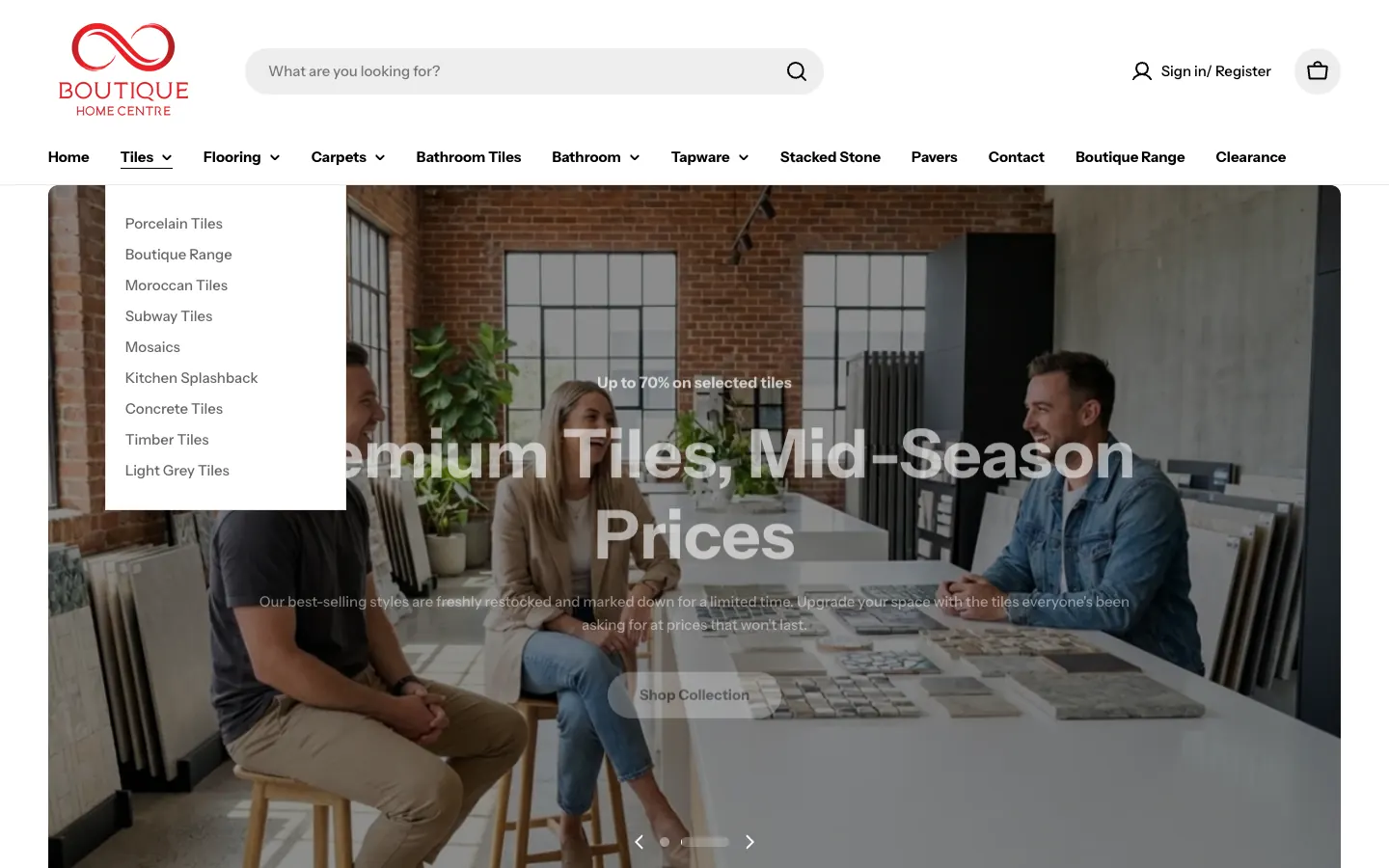 Boutique Home Centre header with the Tiles menu open, with its main features numbered