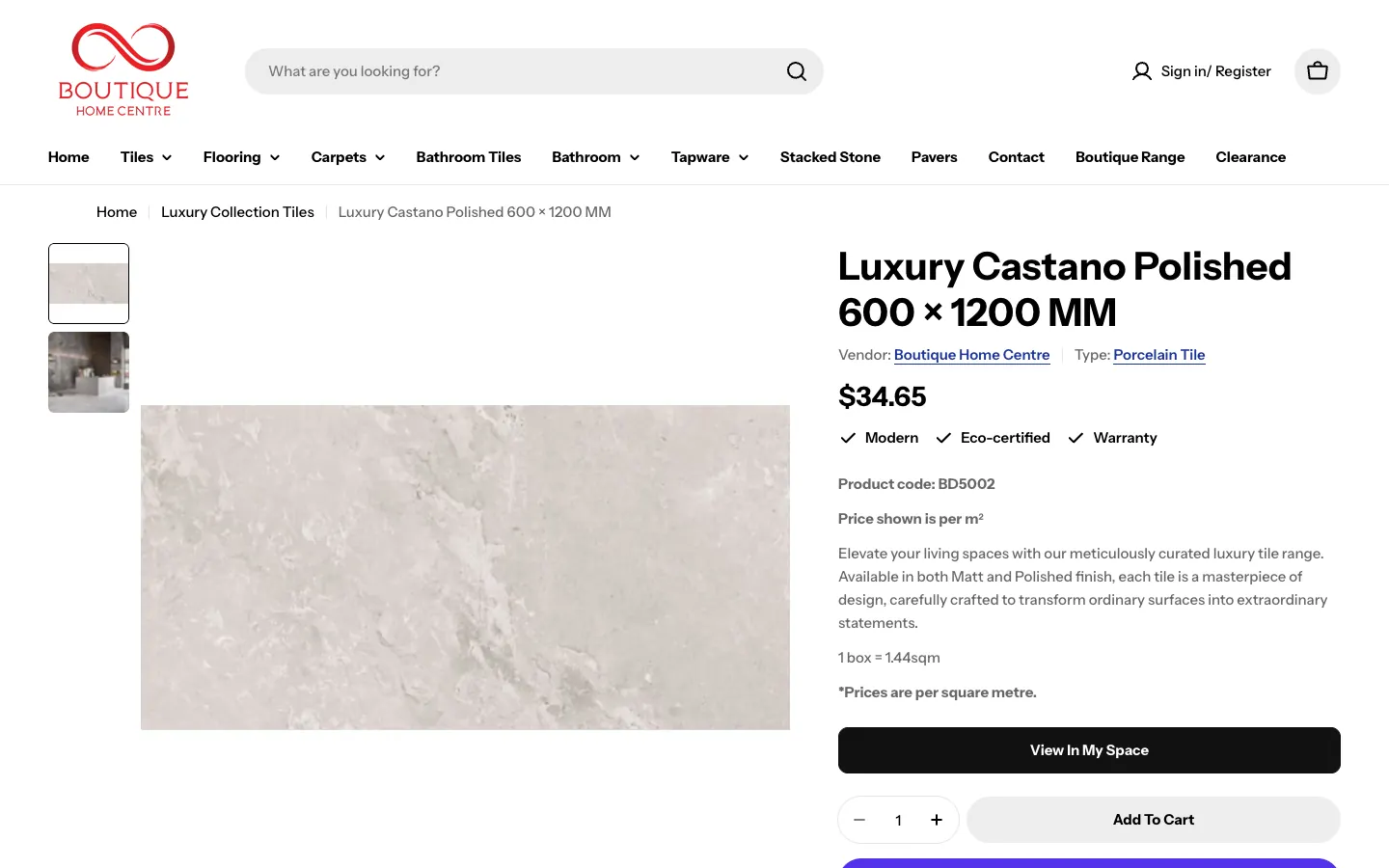 Boutique Home Centre tile product page with the code, unit, box coverage and View in My Space
