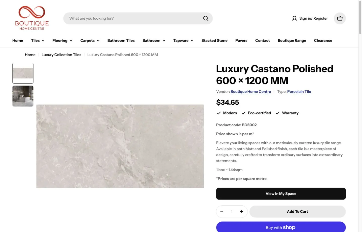 Boutique Home Centre tile product page with price, box coverage and room visualiser button