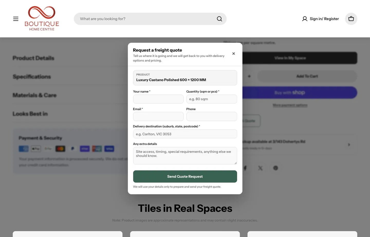 Boutique Home Centre freight enquiry form with product, quantity and delivery destination fields
