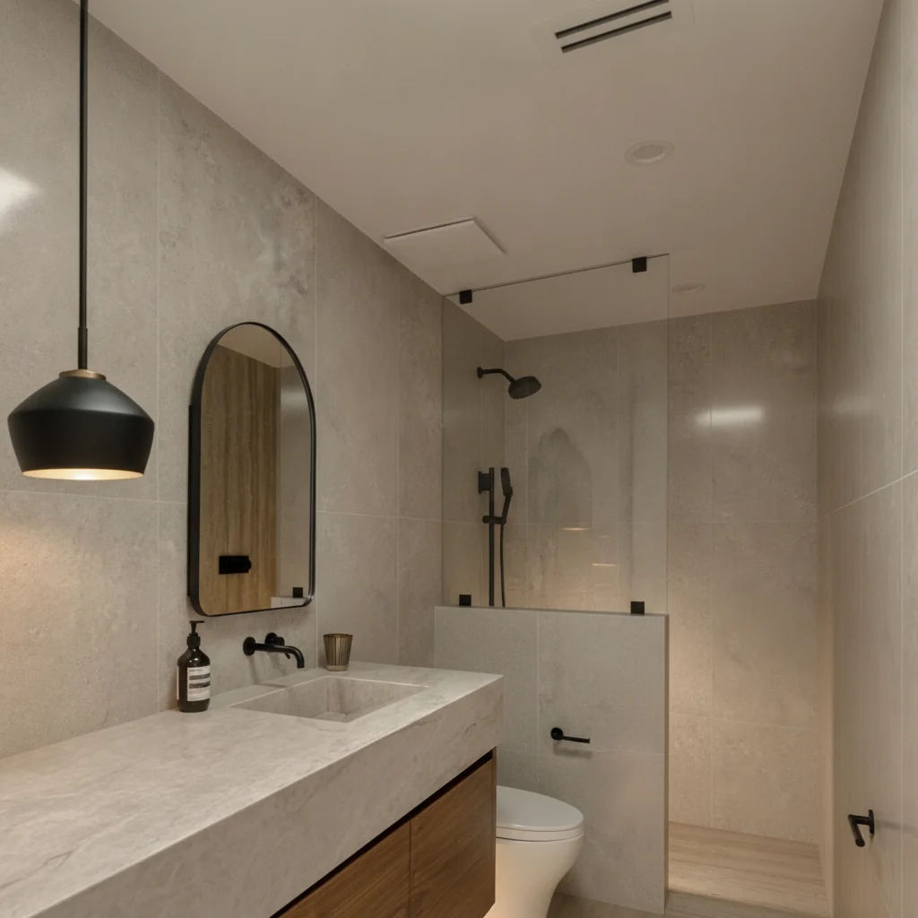 Actual AI wall-tile preview returned by the Boutique Home Centre visualiser using the sample bathroom and Luxury Castano tile