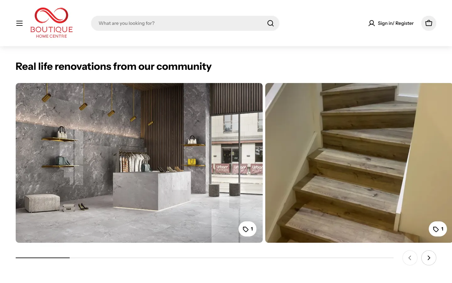 Real life renovations section on the Boutique Home Centre home page with tagged products in room photos