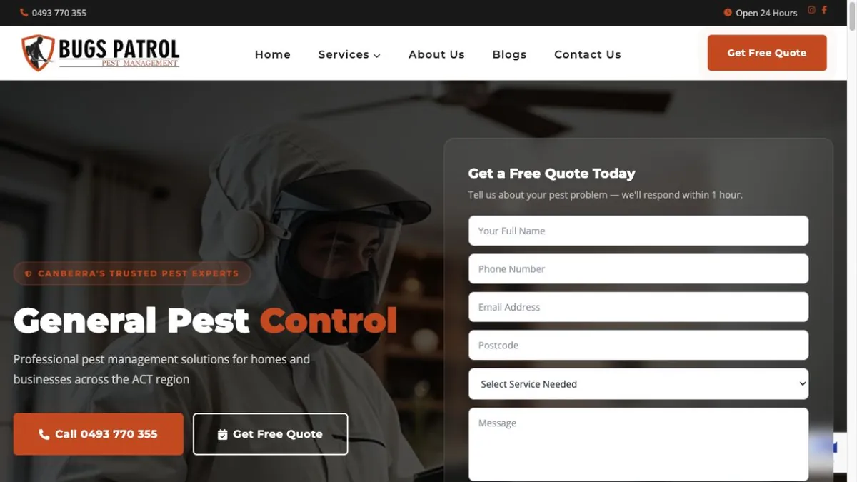 Bugs Patrol general-pest service page with quote form