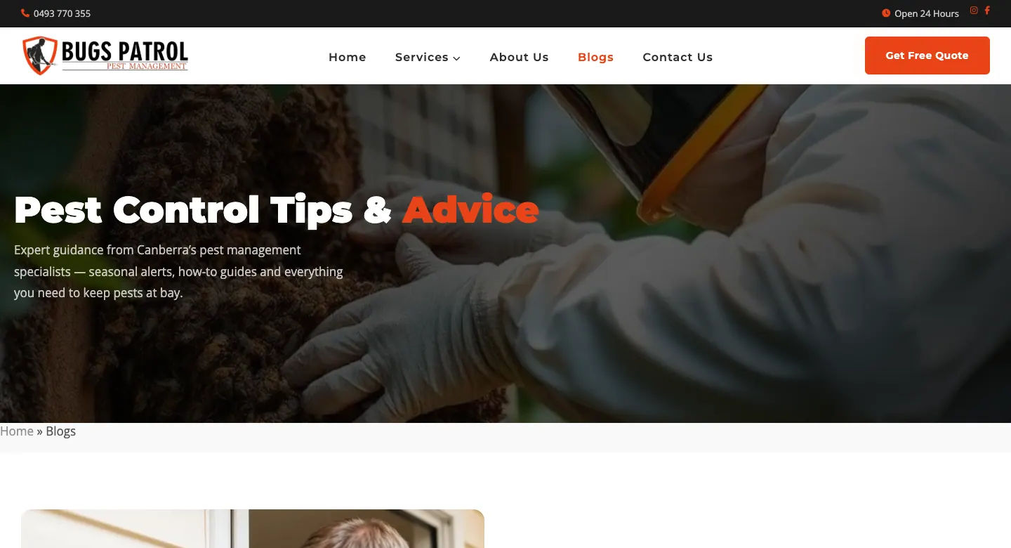 Bugs Patrol articles page headed Pest Control Tips and Advice