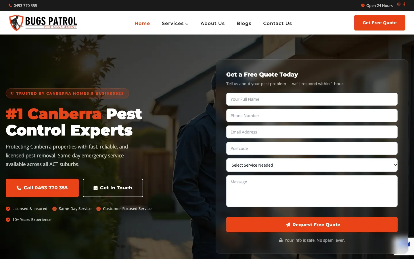 Bugs Patrol home page with the headline, call and contact buttons and a quote form