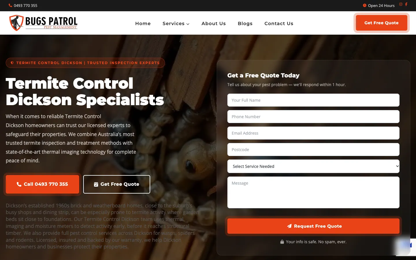 Termite control page for Dickson with the suburb in the headline beside the quote form
