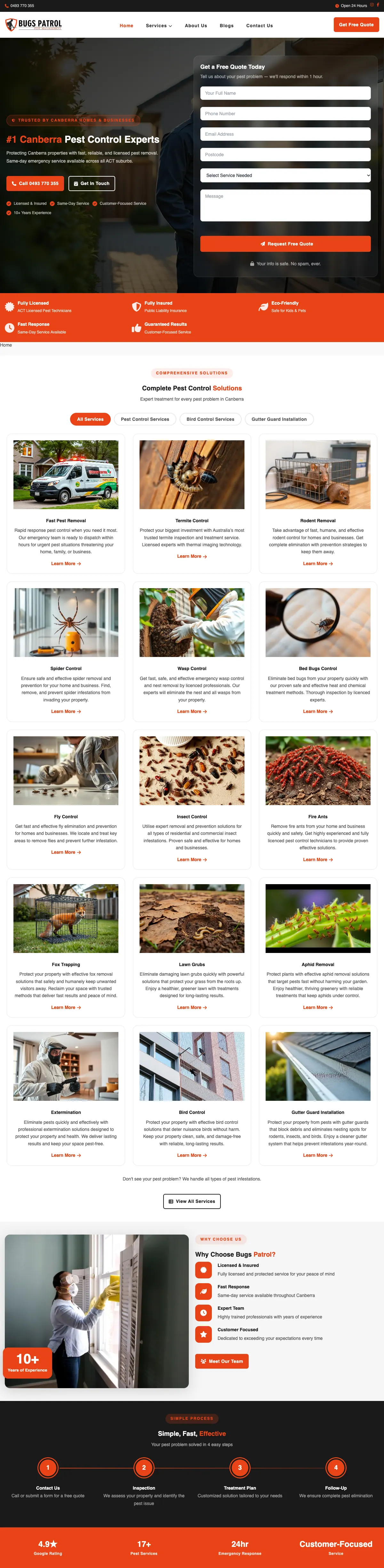 The Bugs Patrol home page, from the headline through the services grid, the reasons to choose and the four steps
