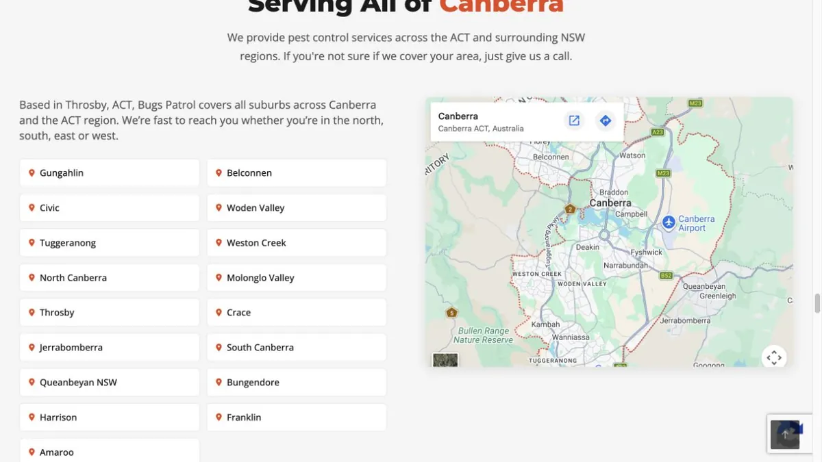 Bugs Patrol Canberra service-area list beside a map