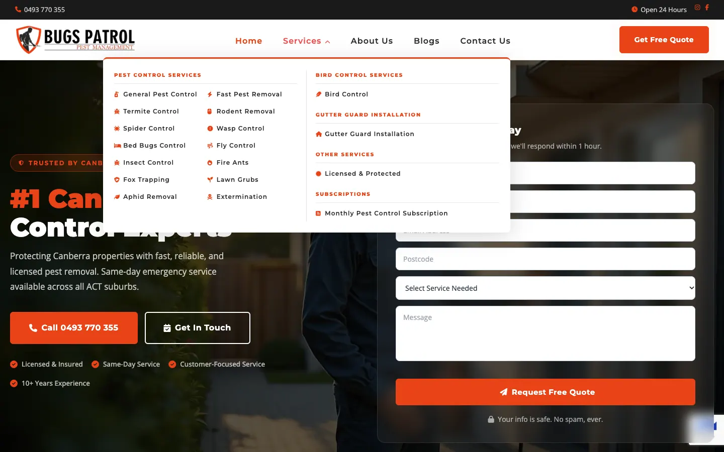 Bugs Patrol Services menu with pest control, bird control, gutter guard and subscription groups