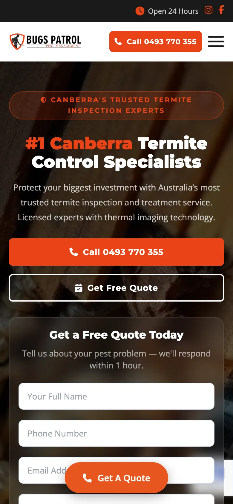 Termite control page on a phone with a Call button in the header and a floating quote button