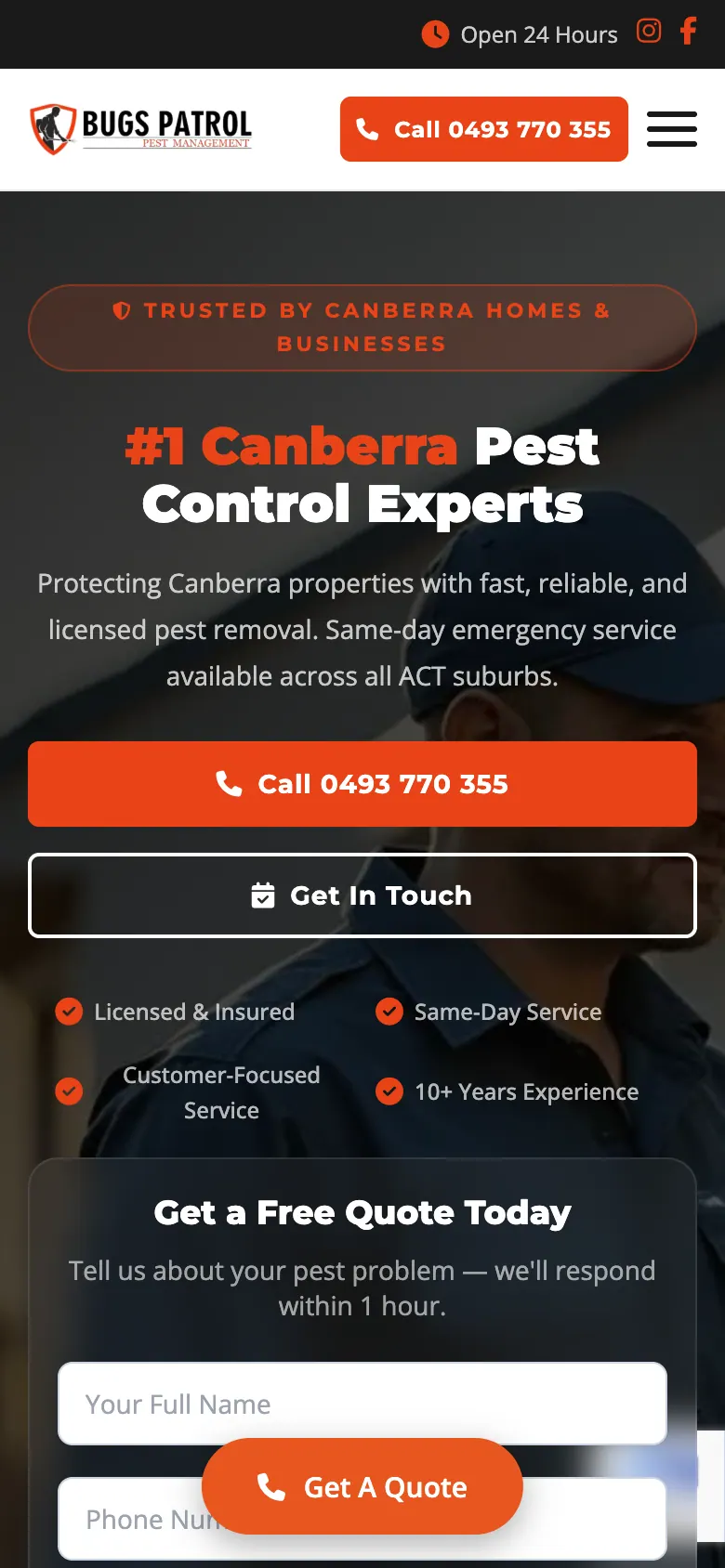 Bugs Patrol home page on a phone with a Call button in the header and a floating quote button