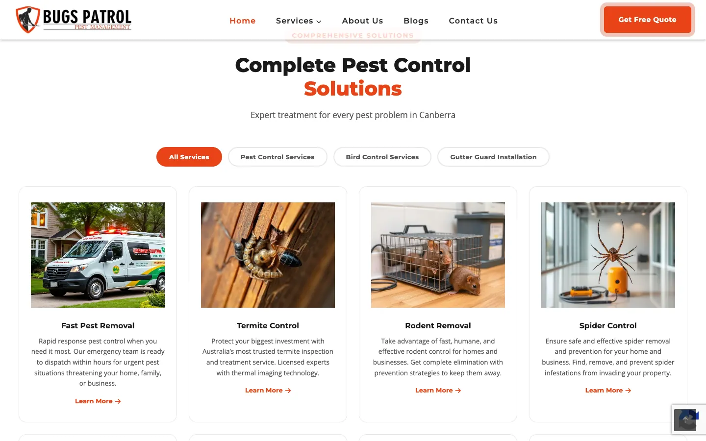 Services grid with tabs for pest control, bird control and gutter guards, and a photo on each card