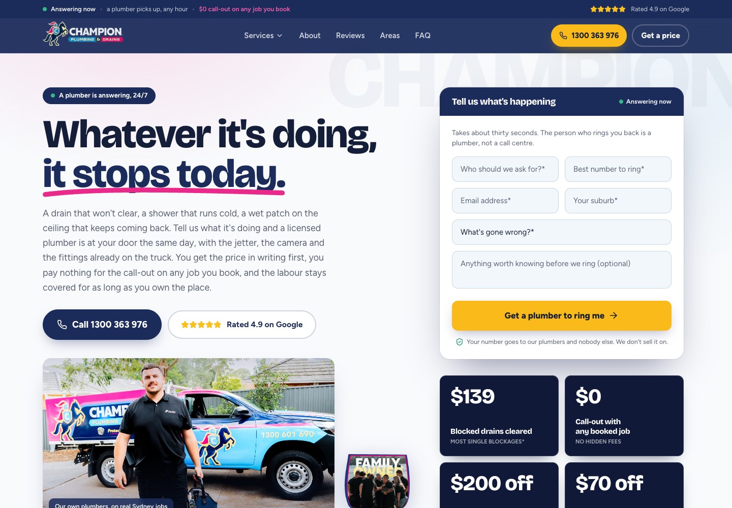 Champion Plumbing website design: a clear route from a plumbing search to an enquiry