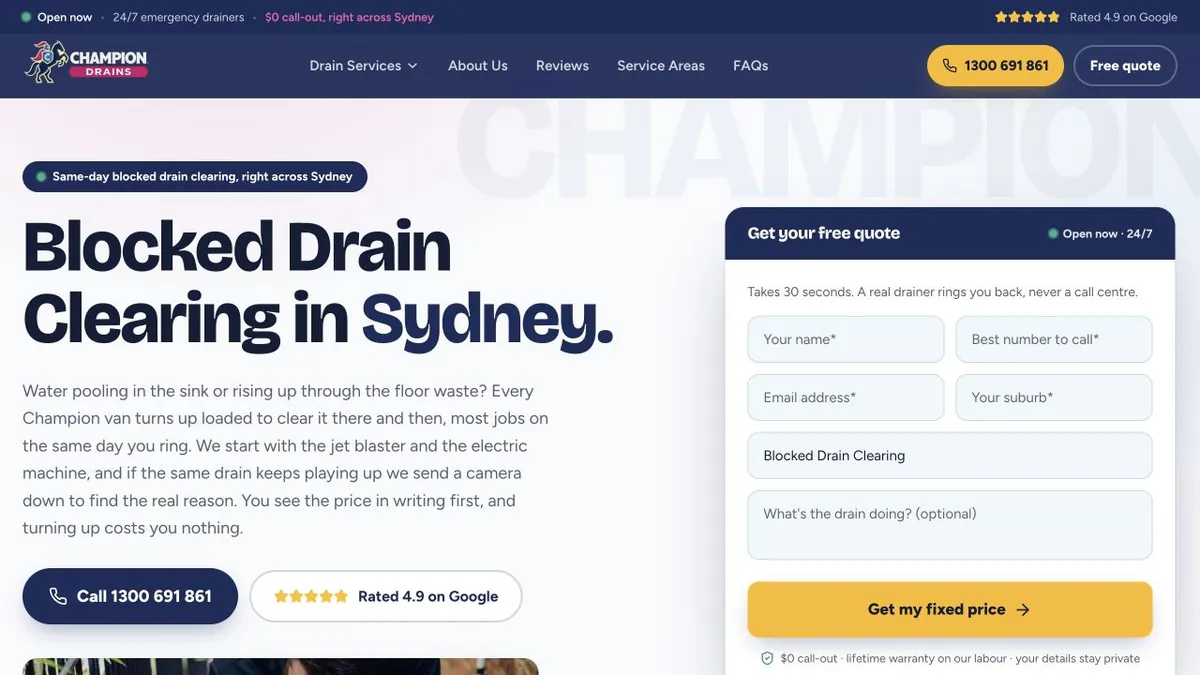 Champion Drains clearing service page beside its selected-service quote form