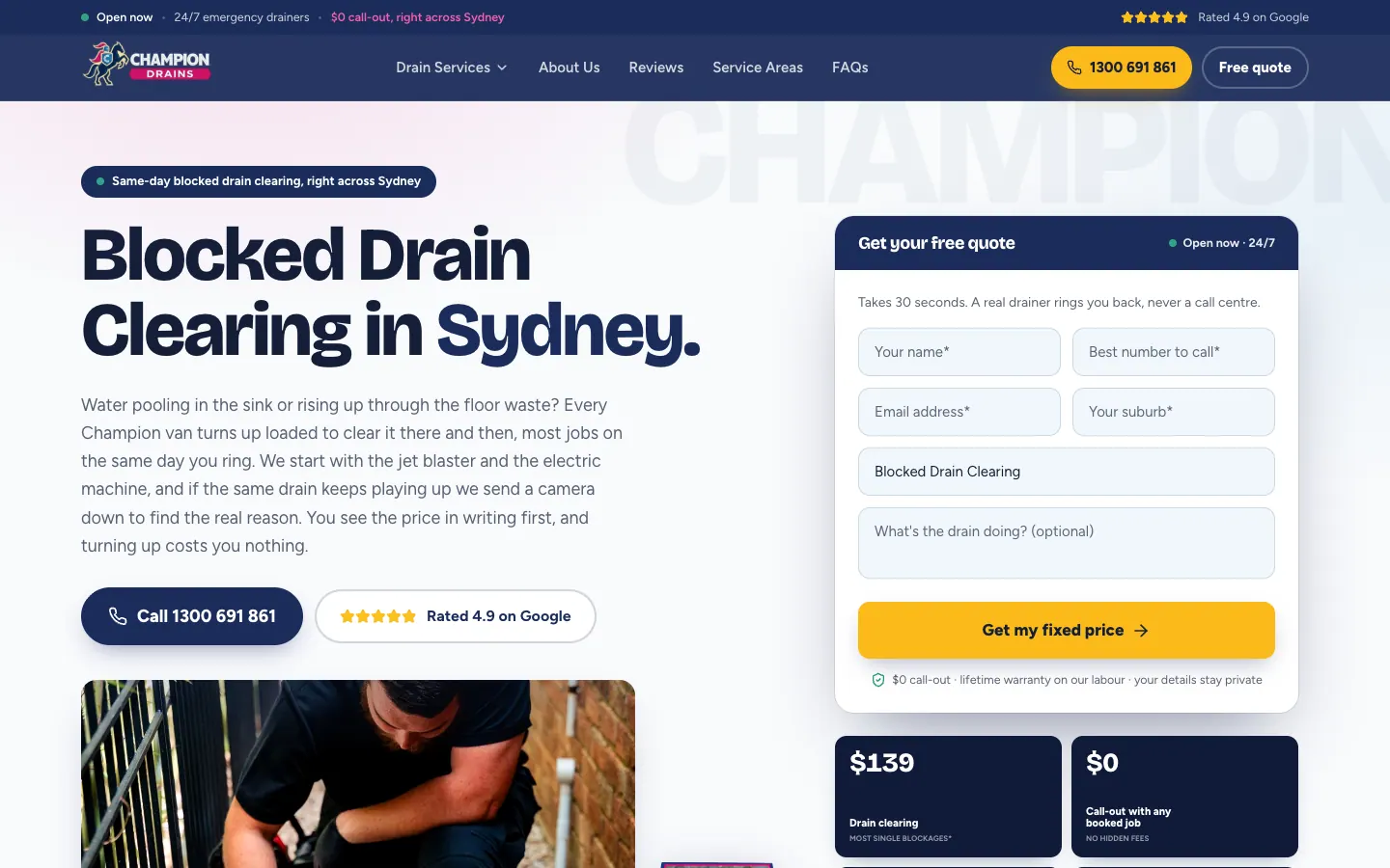 Blocked drain clearing page with the service already selected in the quote form