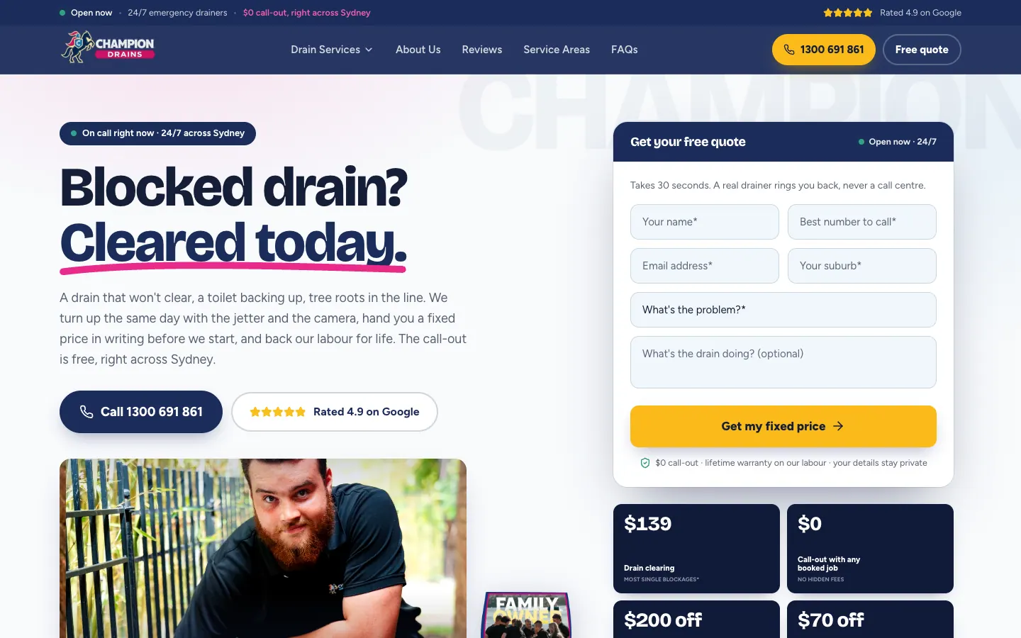 Champion Drains home page with the headline, a call button, a crew photo and a quote form