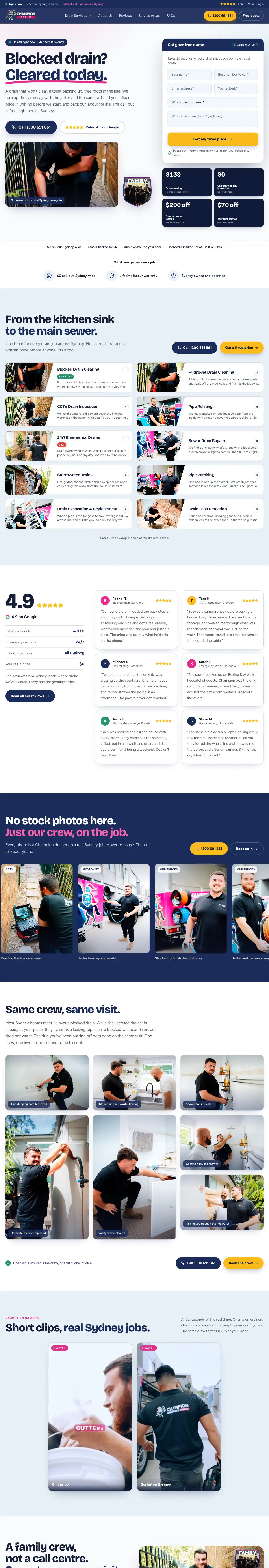 The Champion Drains home page, from the headline through the services, crew photos and offers