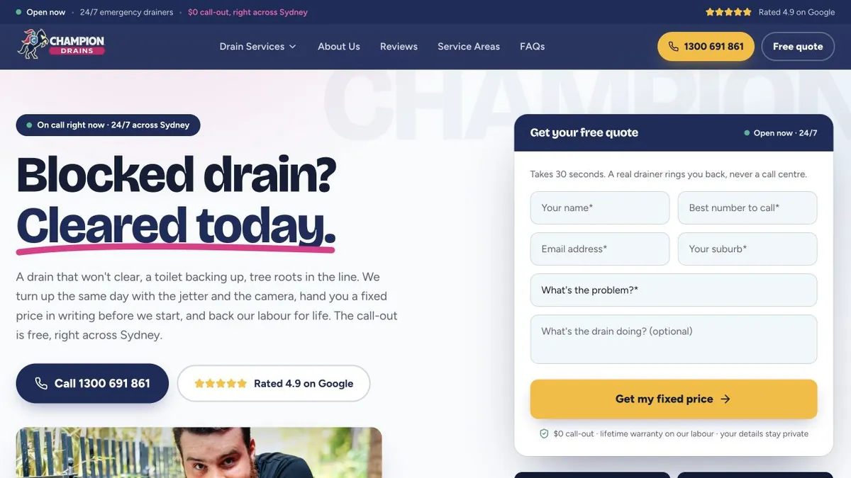 Champion Drains blocked-drain introduction beside a fixed-price quote form