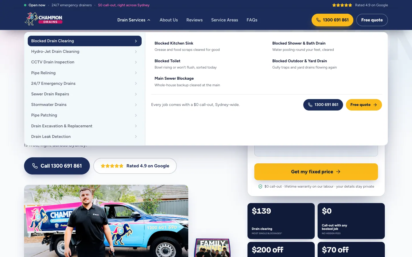 Drain Services menu with blocked drain clearing open on its five specific jobs