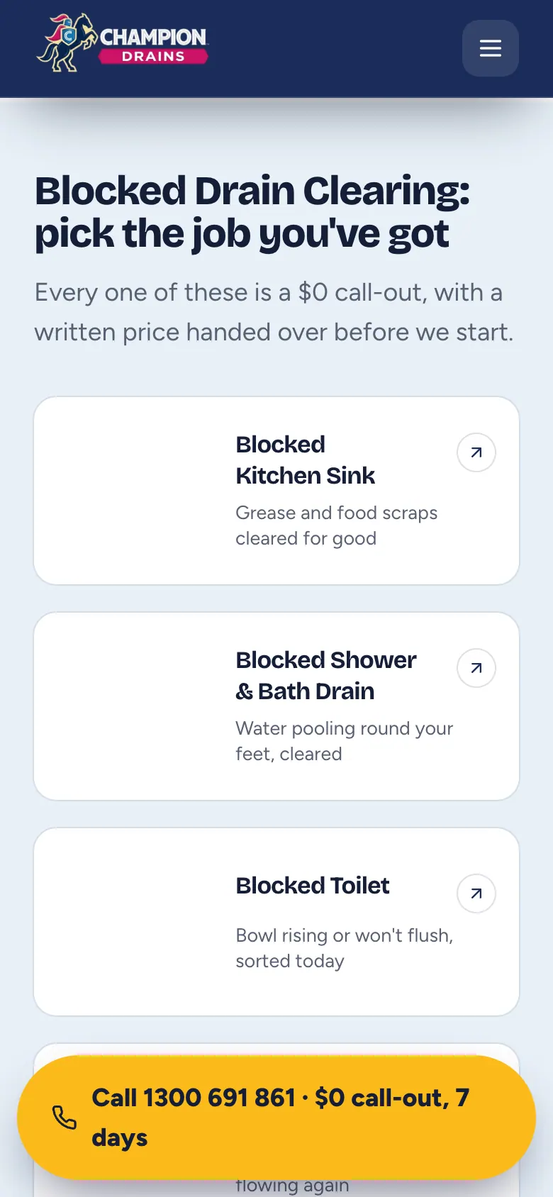 Blocked drain jobs on a phone with a floating call button at the bottom of the screen