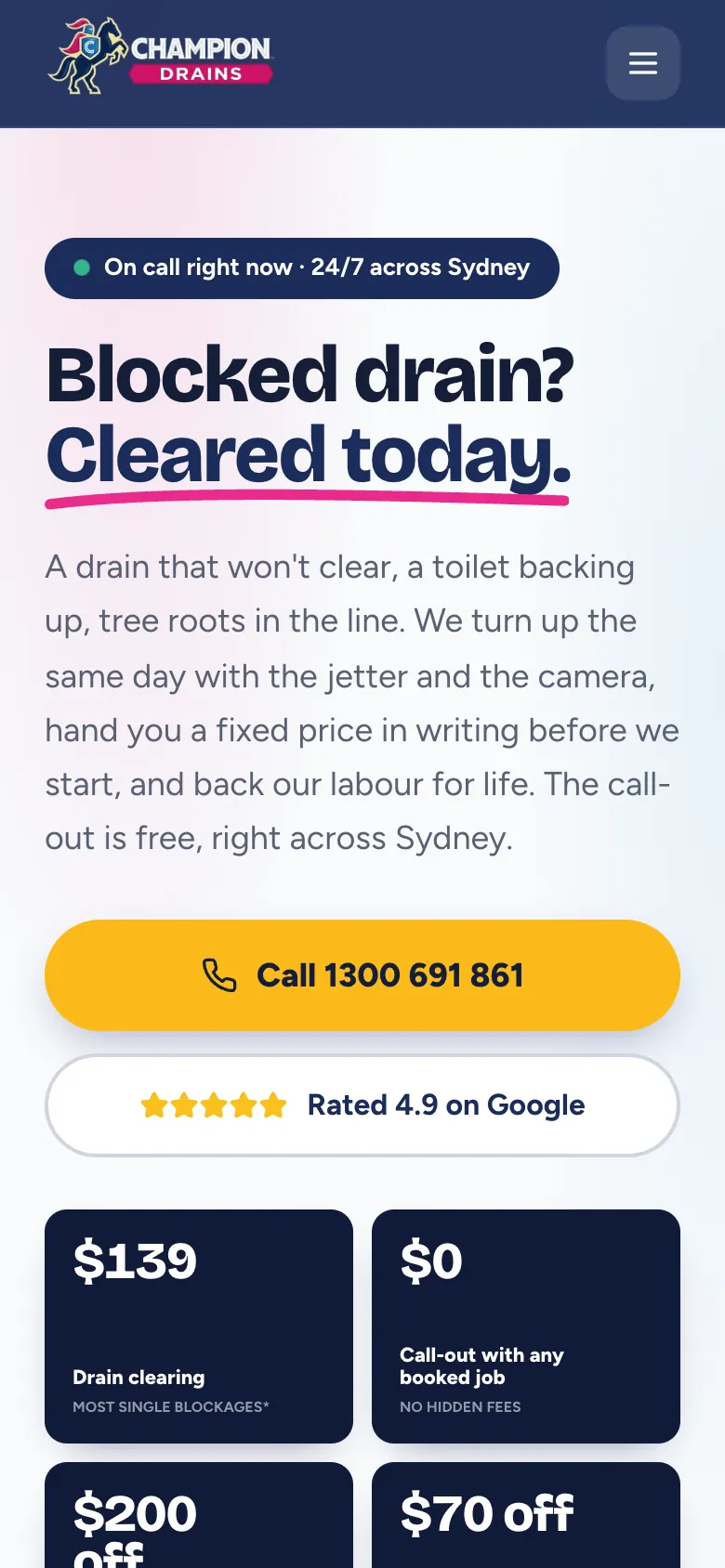 Champion Drains home page on a phone with a full-width call button