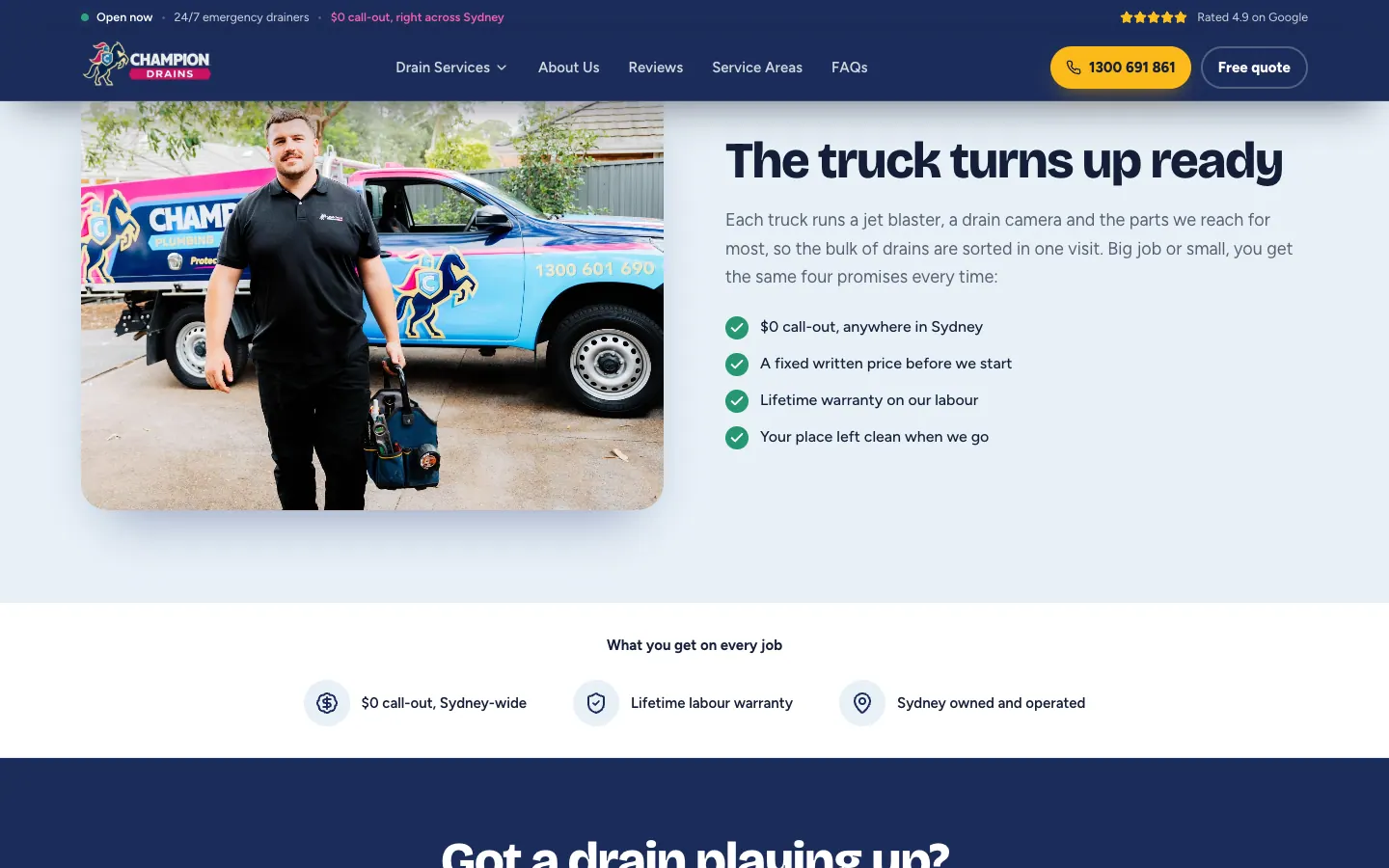 Champion Drains about page with a drainer beside a branded truck and the four promises made on every job