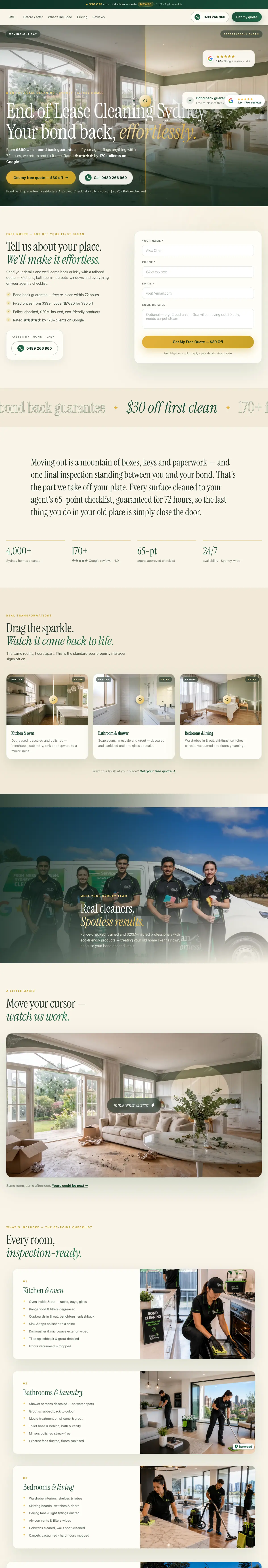 The Clean Effortlessly landing page from the first screen through the quote form, before and afters, cursor reveal and checklist
